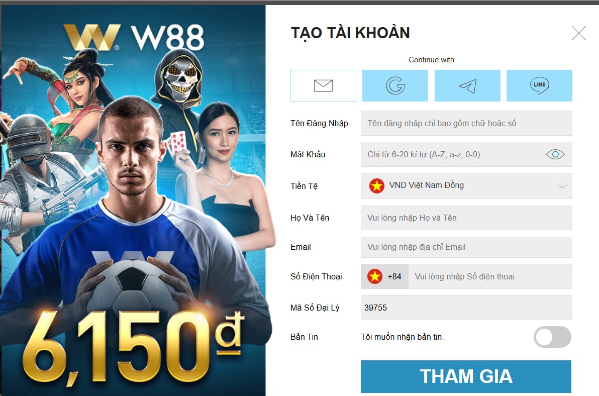 Giao diện đăng ký W88 để chơi đá gà cựa sắt Thái Lan